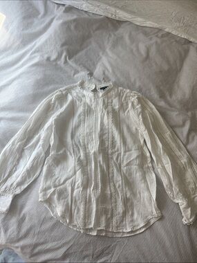 Ann Taylor White Lace-Trim Long Sleeve Blouse